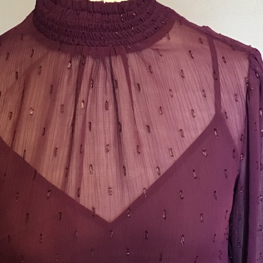 Express Burgundy Sheer Mock Neck Long Sleeves Top Built in Camisole Size Small - Picture 2 of 5